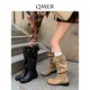 Versión de cuero suave~botas largas de caña ancha plisadas, botas por encima de la rodilla, botas largas de tacón grueso, botas de plataforma para mujer, botas altas de montar