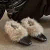 Versión de cuero suave~Zapatos sin cordones de tacón grueso y punta cuadrada con pelo, merceditas retro forradas de polar, cálidos y cómodos para ir al trabajo