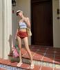 Bikini Coreano Nuevo Estilo 2025 Color Contrastante Espalda Hermosa Borde Volador Tubo Superior Plisado Cintura Alta Cubre Vientre con Abertura para Mujeres