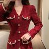 Vestido Rojo Estilo Hepburn Francés Otoño e Invierno Nochevieja Pequeño Retro Femenino Elegante Falda Base Look Adelgazante