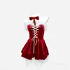 Vestido Rojo de Año Nuevo Talla Plus, Atuendo de Año Nuevo y Navidad, Vestido de Terciopelo Atmosférico y Sexy con Cintura Ceñida y Falda Abullonada