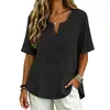 Primavera/Verano 2026 Nuevo Estilo Europeo y Americano Top Holgado con Cuello en V y Retazos de Algodón Lavado Transfronterizo Manga Corta Dobladillo Dividido Ropa para Mujer