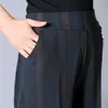 Pantalones de pierna ancha con colgante de nueve puntos de cintura alta nuevos para otoño e invierno 2018 para mujer de mediana edad y ancianos, madre, sueltos, forrados de polar, con rayas verticales