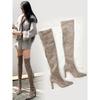 Botas por encima de la rodilla con punta puntiaguda, botas de ante color caqui, botas de una pieza, tacones altísimos, botas color piel, botas elásticas