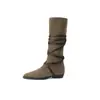 Botas de Cuero Genuino Estilo Mismo de Axi Ge para Mujer, Nuevas Botas Vaqueras Occidentales de Otoño e Invierno, Botas de Monta Versátiles sin Cierre con Punta Fina para Mujer