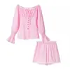 Ins Estilo Europeo y Americano Transfronterizo 2026 Nueva Moda Elegante para Mujer Venta al por Mayor Conjunto de Dos Piezas: Top Tubo con Mangas Acampanadas y Shorts