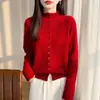 Suéter de tricô de lã outono e inverno transfronteiriço para mulheres, camisa base com gola alta, cardigã de crochê solto e espessado com vazados, gola semi-alta