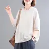 Camiseta básica de algodão e linho 130g, corte solto. Estampa termocolante impressa, estilo regular, outro China