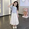 Traje de Falda de Manga Corta de Verano para Niñas, Moda Nueva Estilo Celebridad de Internet, Falda para Niña Pequeña, Top de Retazos, Conjunto Casual de Dos Piezas