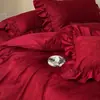 Juego de Boda Romántico Francés de Encaje de Cuatro Piezas 100% Algodón de Fibra Larga Jacquard Rojo Funda Nórdica para Boda Sábana Plana Sábana Ajustada