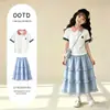 Moda Coreana 2026 Camisa Polo Color Block Top para Meninas Saia Doce de Renda Conjunto de Duas Peças para Crianças Maiores