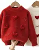 Suéter Grueso para Niña 2025 Invierno Nuevo Estilo Coreano Infantil Corazón 3D Piel Sintética de Visón Conjunto de Punto Esponjoso