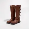 Botas Marrones Hasta la Rodilla para Mujer, Nuevas Botas Vaqueras Western de Cuero con Hebilla Metálica Retro, Botas de Caballero de Altura Media
