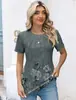 Top T-shirt feminino liso de manga curta plissada com gola redonda para primavera e verão