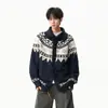 Cárdigan de punto Fair Isle con cuello de botón de cuerno, diseño unisex de otoño, bloques de color, chaqueta de punto engrosada