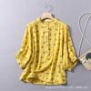 Primavera e Verão Novo Colarinho Vertical Fio Duplo de Algodão Manga Sete Pontos Camisa Floral Retrô Artística Versátil Camisa Estampada Top para Mulheres