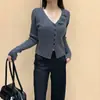 2026 Nuevo Estilo Otoño Estilo Perezoso Floral Cuello en V Manga Larga Color Sólido Cardigan de Punto Top Adelgazante para Mujer