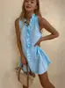 Nuevo vestido casual de algodón y lino para mujer, minivestido de verano con cuello en V y dobladillo en forma de abanico, sin mangas y transpirable