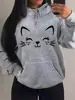 Moletom Feminino Longo de Lã para Primavera 2026 Moda Outono Inverno Moletom Casual Feminino com Bolso e Design de Gato Feliz