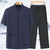 Camisa de Verano para Papá, para Hombres de Mediana Edad y Mayores, Traje Tang de Manga Corta, Nuevo Estilo Chino, Color Sólido, Rojo, Cuello Mao, Conjunto Holgado y Cómodo