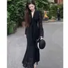 Vestido largo de encaje con cuello en V y cremallera, corte acampanado, manga larga para mujer, nuevo estilo otoño e invierno, ceñido a la cintura, adelgazante, estilo sexy