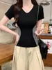 Camiseta Sexy Retro Americana de Escote en V de Manga Corta para Mujer Verano 2025 Nueva Ajustada que Resalta la Cintura