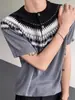 T-shirt Masculina de Tricô Fair Isle Manga Curta Gola Henry de Alto Padrão Cleanfit Estilo Old Money Meia Manga