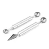 Atacado de fábrica utensílios de cozinha criativos escavador de frutas de aço inoxidável duplo faca esculpida colher para cavar bola de fruta