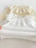 Camiseta Base para Niñas Primavera/Verano, Top de Manga Larga con Cuello Bordado de Encaje para Niños, Camiseta Casual de Color Sólido para Bebé