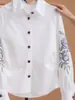 Camisa impressa de alta resistência para mulheres, de manga longa branca, para primavera e outono, com ajuste na cintura para disfarçar a barriga, transfronteiriça da Amazon europeia e americana