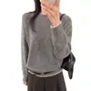 Suéter de Punto Cepillado Grueso de Lana Pura con Cuello Redondo para Mujer, Capa Base Cálida Otoño Invierno, Diseño de Bloques de Color