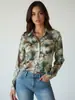 Camisa Vintage Floral con Hombros Acolchados y Manga Larga, Moda Otoñal Nuevo Estilo con Cuello de Solapa, Elegante Top para Viajar al Trabajo para Mujeres
