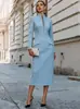 Ropa transfronteriza europea y americana para mujer: Vestido de cuello mao, manga larga, entallado en la cintura, de longitud media, elegante y ajustado, vestido de fiesta bodycon