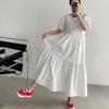 Coreano chique Idade-redutor Limão Amarelo Branco Contraste Onda Dot Cordão Cintura Apertada Emagrecimento Puff Manga Vestido Vestido Longo Feminino