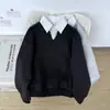 Nueva sudadera tipo camisa de dos piezas falsas estilo japonés para otoño e invierno para parejas y estudiantes, polo retro casual a rayas con retazos para hombre