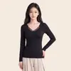 Top Cálido Auto-Calentable de Grafeno para Mujer, Cuello en V, Malla con Almohadillas en el Pecho, No Necesita Sujetador, Corte Ajustado, Manga Larga, Capa Base