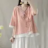 Nova camisa de botão diagonal estilo chinês para mulheres, verão algodão-linho Hanfu modificado traje de chá Zen, top estilo étnico para pessoas baixinhas