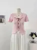 Camiseta de Manga Corta con Volantes y Cordones en V de Diseño Estilo Coreano para Mujer Primavera 2026 Top Corto Adelgazante de un Solo Botón