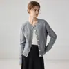 Nova coleção de outono, cardigã 100% caxemira pura para mulheres, gola redonda, padrão losango, suéter trançado, peça de outer wear de caimento solto