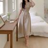 Vestido Quadrado com Gola Quadrada, de Botão Único, com Laço e Mangas Bufantes, Estilo Francês, Feminino, de Dongdaemun, Coreia