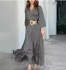 Transfronterizo 2023 Nuevo para Mujer Transfronterizo Europeo y Americano Primavera y Otoño Casual Estampado Floral Pequeño Cuello en V Con Cordones Ajustado de Manga Larga Ropa Larga