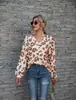 Nueva lista de deseos de Amazon comercio exterior europeo y americano más vendido camiseta de manga larga con estampado de leopardo cuello en V hombros descubiertos para mujer toma real en stock