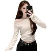 Camiseta de Manga Larga con Hombro Descubierto para Chica Sexy con Diamantes Calientes Diseño Chic Plisado Ajustado Adelgazante Top Base Corto para Primavera y Otoño