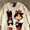 Seda de leite japonês fofo gato maçã manga curta casual verão casal solto estilo coreano preguiçoso ins top