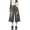 Jeans de pierna recta con diseño de borde crudo rasgado estilo americano para mujer, nuevos pantalones cropped anchos de pierna ancha estilo vintage veraniego desgastado