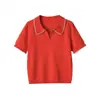 Top de punto holgado de manga corta con encaje de color contrastante, estilo europeo y americano transfronterizo, nueva moda 2026 2142440