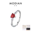 Anillo MODIAN de Moissanita Roja de 0.5 Quilates para Mujer Plata de Ley S925 Estilo Francés Suave Anillo de Corazón Dulce