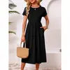Todos los colores y tamaños disponibles, Vestido largo casual de color sólido con cuello redondo y manga corta, Hecho de tela de crepé de seda helada, Transfronterizo para Amazon Europa y América