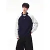 Sudadera de color block con cuello medio abierto estilo retro americano para hombre, talla grande, corte holgado, marca de moda, jersey casual versátil para primavera y otoño