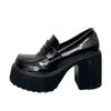 Zapatos Pequeños de Cuero Negros de Suela Gruesa y Tacón Grueso Versátiles de Primavera para Mujer Tacones Altos Nuevos Estilo Francés Retro Mocasines JK Suela Trbottomy